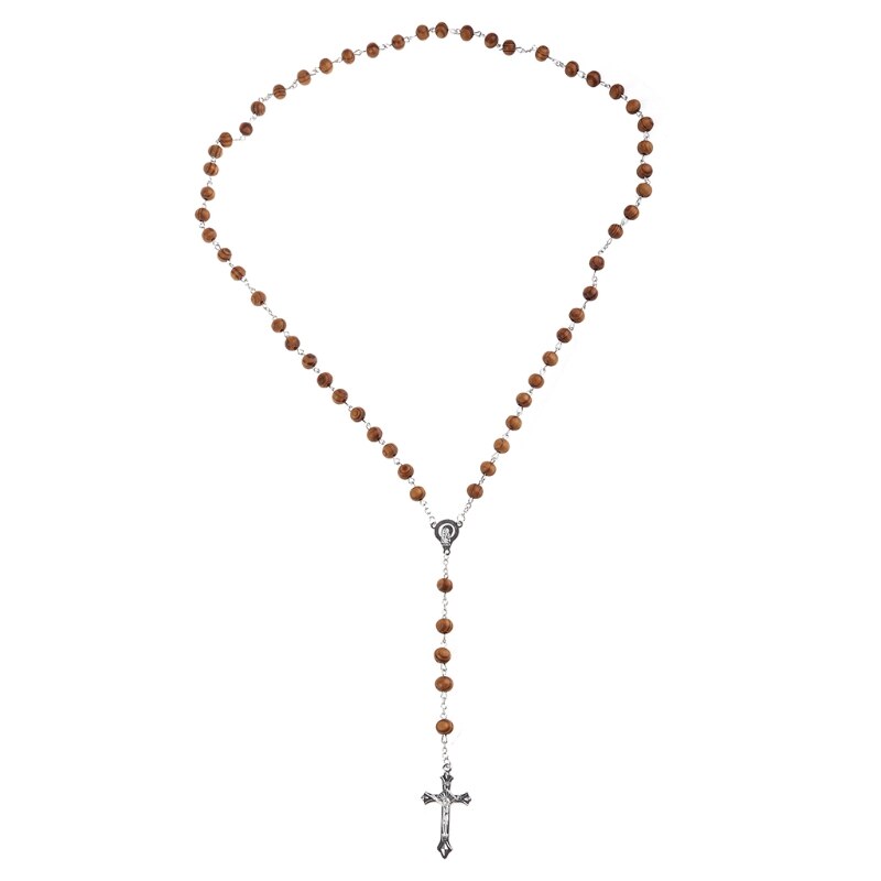 Retro Houten Rozenkrans Kralen Ketting Voor Vrouwen Cross Jezus Hanger Religieuze