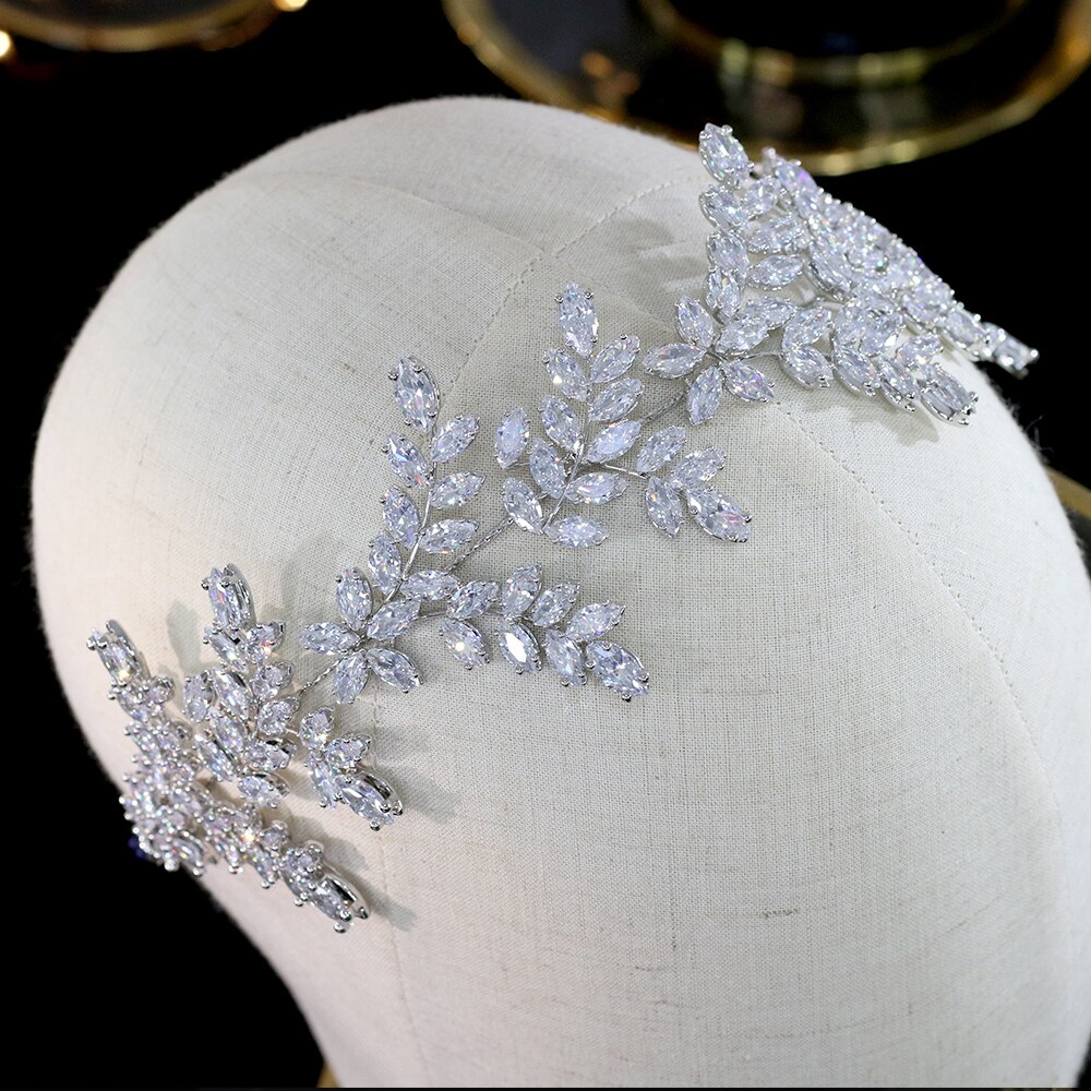 Asnora Tiara Hoge Bruiloft Haar Accessoires 3A Cz Leaf Hair Band Bridal Crown Afstuderen Parade Hoofdtooi A00735