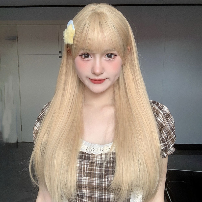 Synthetische 60 cm koreanische schwarze lange glatte Haarperücke synthetische natürliche lange glatte Haare mit Pony Perücke: #4