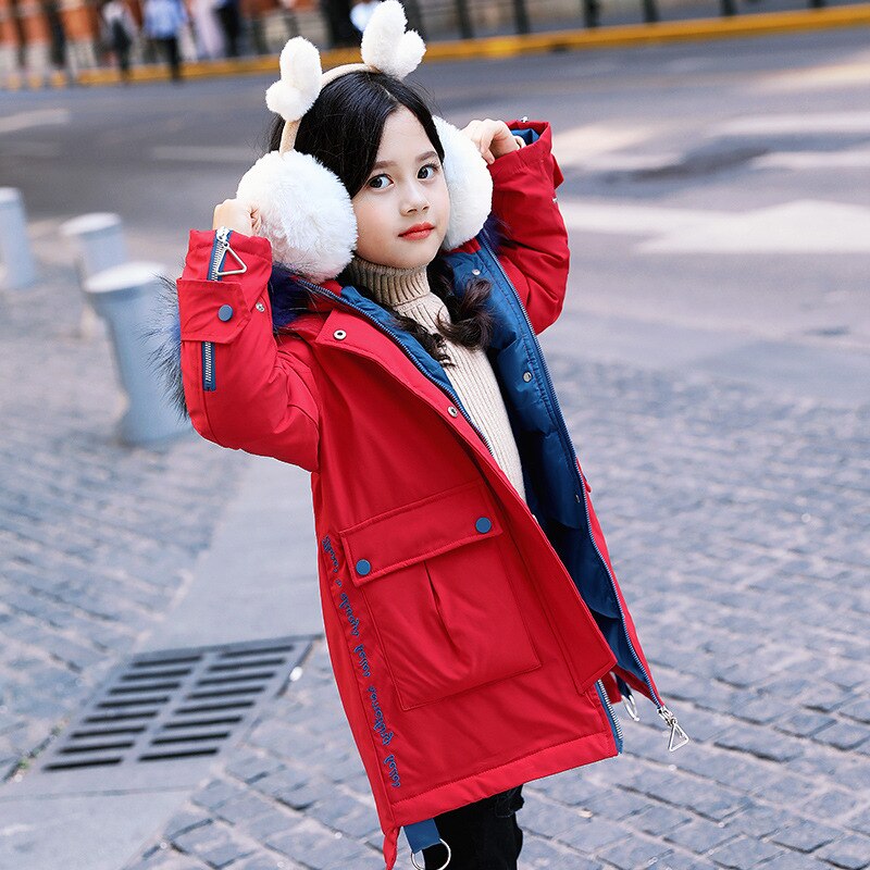 Chaqueta rusa de invierno para niñas, abrigos de invierno para niños, chaquetas de plumas, abrigo de piel con capucha, abrigo de 3 a 14 años, Parka para niñas adolescentes: Red / 130(Height 120-130cm