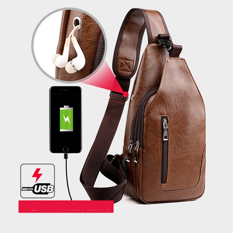 Waterproof PU Leather Chest Bag - USB Charging Port & Headphone Hole - Portable Travel Crossbody
