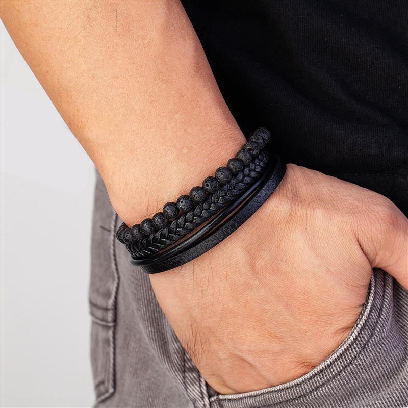 Mode Vulkanische Steen Kralen Mutilayer Lederen Armband Voor Mannen Charm Rvs Magnetische Sluiting Wrap Bangle Jaar Cadeau