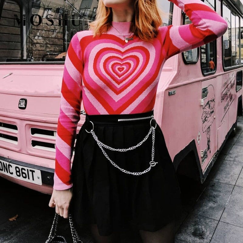 Strikkevarer  y2k genser estetikk hjerte stripete høyhalset genser gensere jenter søt langermet harajuku 90s streetwear