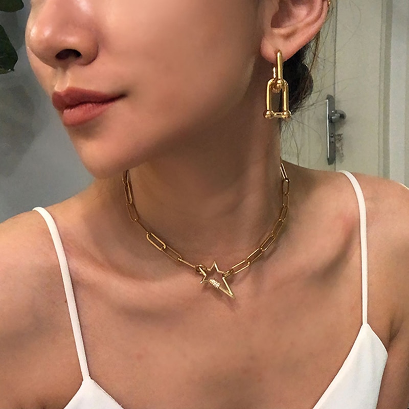 Peri'sBox Gold Color Large Paper Clip Chain with Star Carabiner Necklace Pave CZ Stone Statement Necklaces for Women