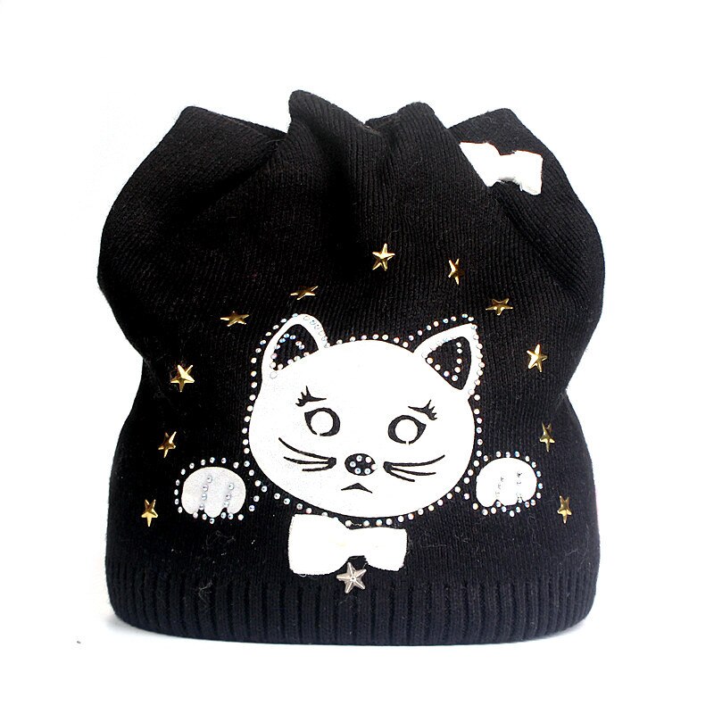 Xtre sød kitty børne vinter efterår hue strik hue baby bomuld hue hue til pige: Sort