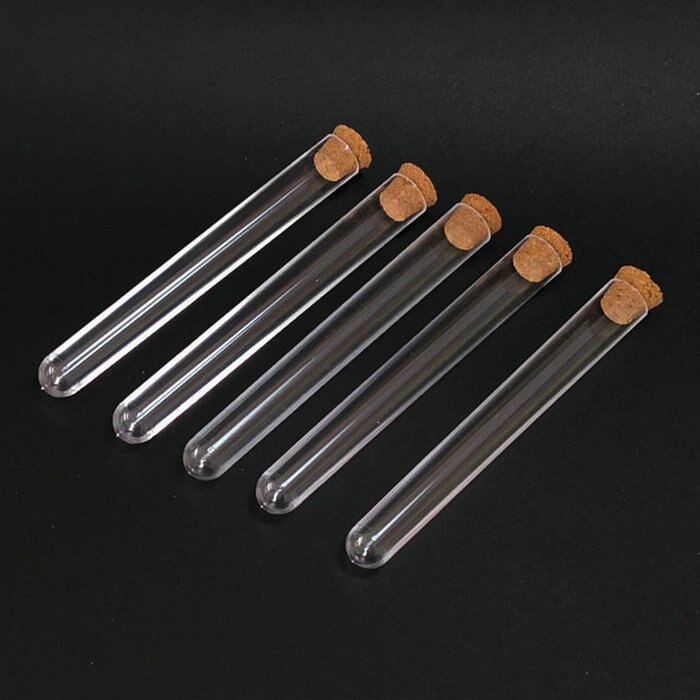 20pcs/lot 12x100mm clear plastic test tube with cork PC Package Tube round bottom, various sizes for choice