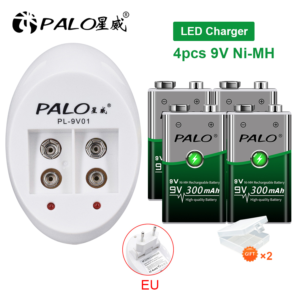 PALO 300mAh 9V NIMH batterie Rechargeable 6F22 9V couronne batterie + 9V chargeur de batterie pour 9V NI-MH Li-ion Batteries rechargeables: YELLOW