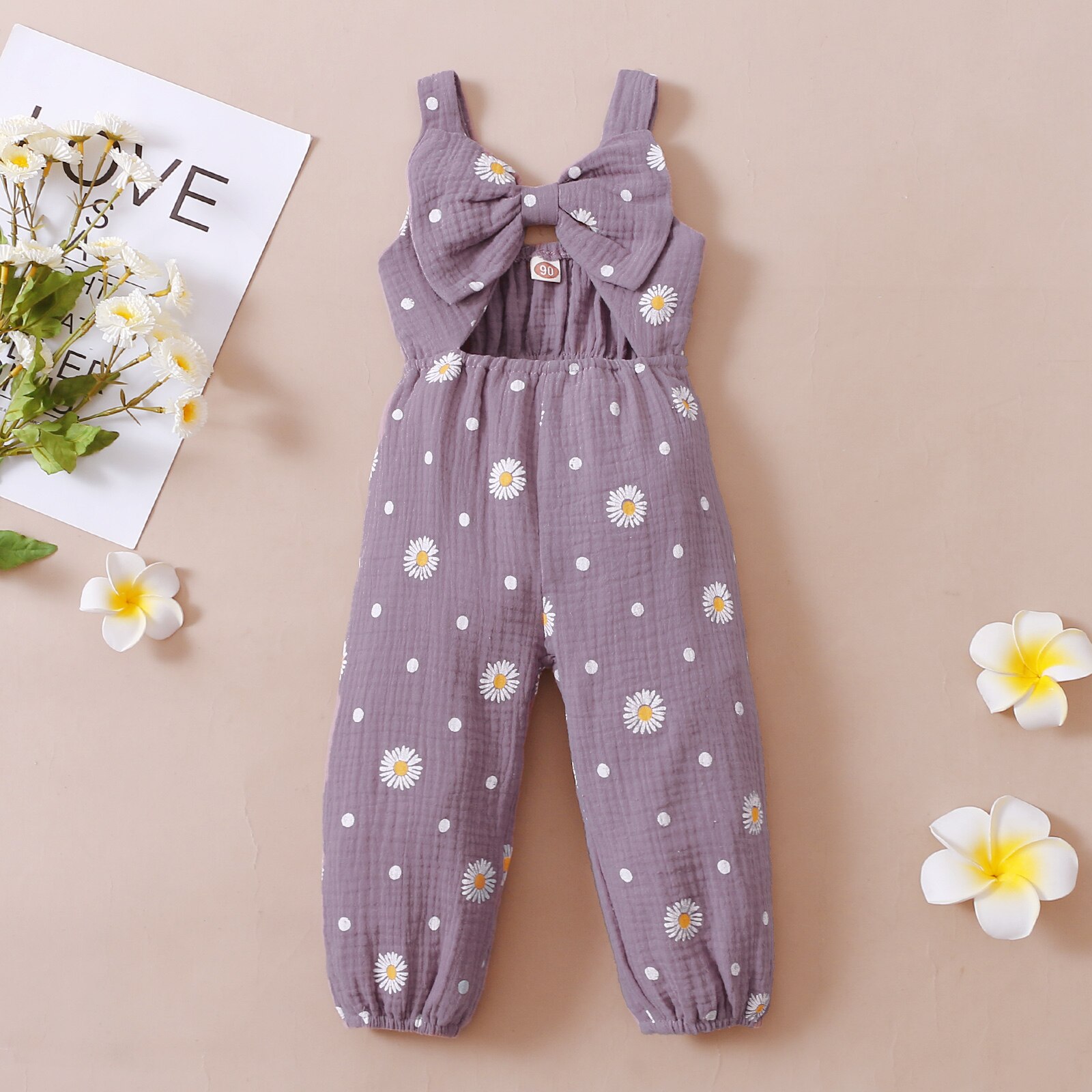 Peuter Baby Meisje Mouwloze Romper Daisy Print Hollow Out Bow-Knoop Decor Lange Bodysuit Casual Zomer Jumpsuit Playsuit