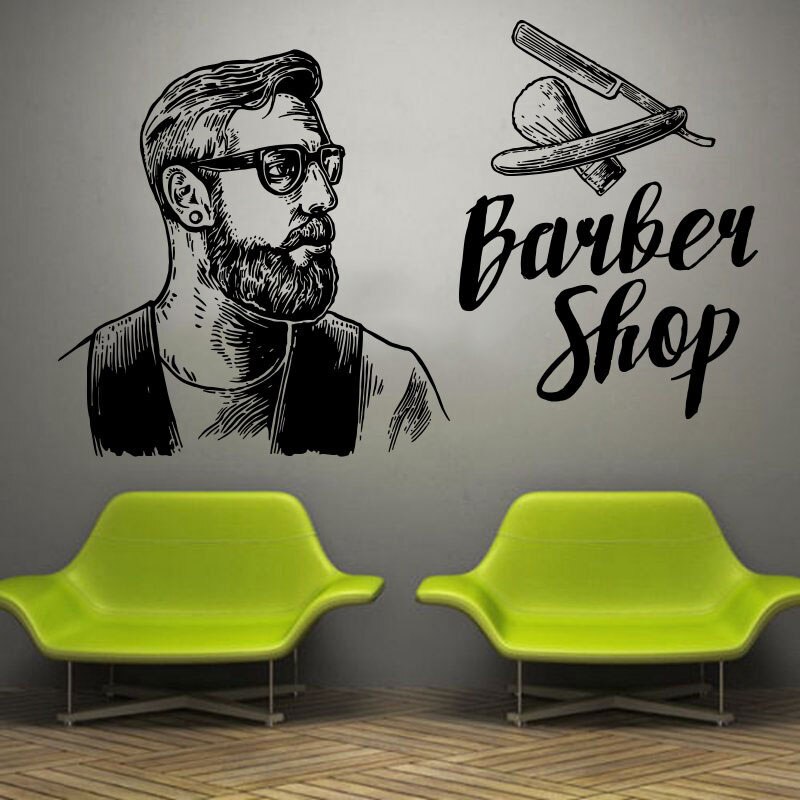 Frisørsalong mann salong hårklipp vegg vindu dekal klistremerke skjegg ansikt verktøy logo salong vinyl dekal hipster barbershop innredning  hy836