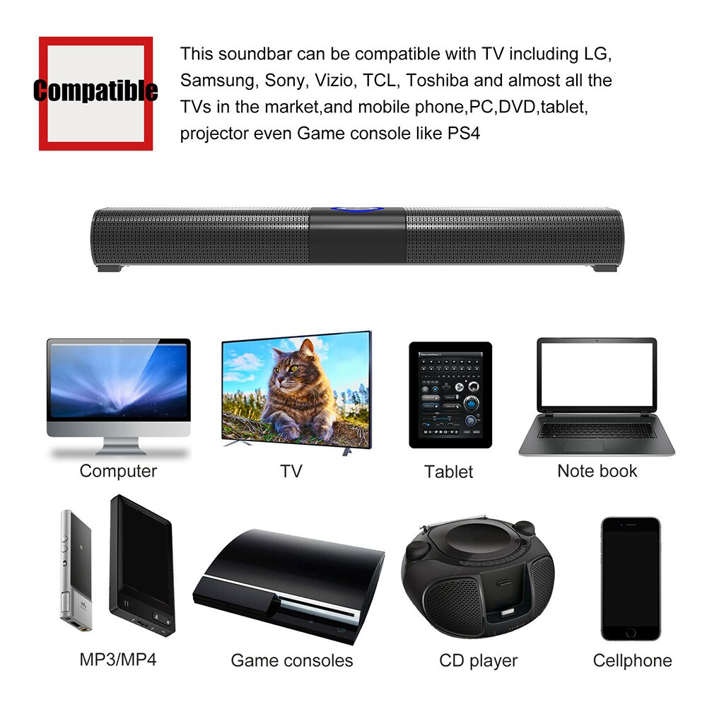 Wireless Bluetooth 5.0 Sound Bar Subwoofer Stereo Speaker Powerful FM PC Home TV Theater Surround Soundbar with Remote Control