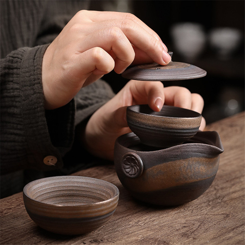 Ceramic Handmade Tea Set Including 1 Pot + 2 Cups Retro Teapot Pottery Office Teacup Travel Portable Kung Fu Kettle