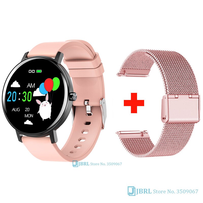 Banda inteligente redonda dos homens das mulheres pulseira inteligente rastreador de fitness para android ios smartband superior toque completo pulseira de pulso inteligente banda: pink add strap 2