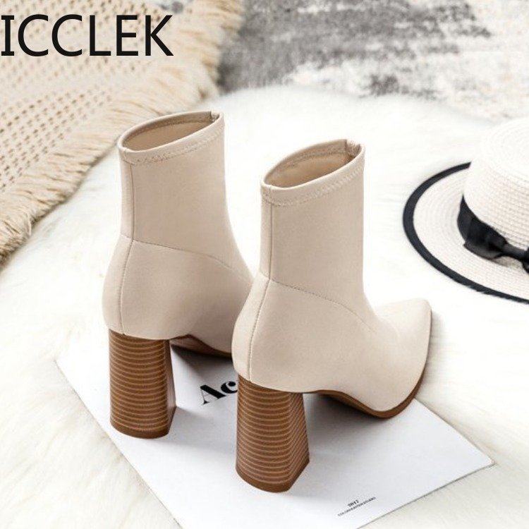 ICCLEK nouvelles femmes bottes bottines bout pointu talon carré Pu femmes bottes noir Beige Zapatos De Mujer A058