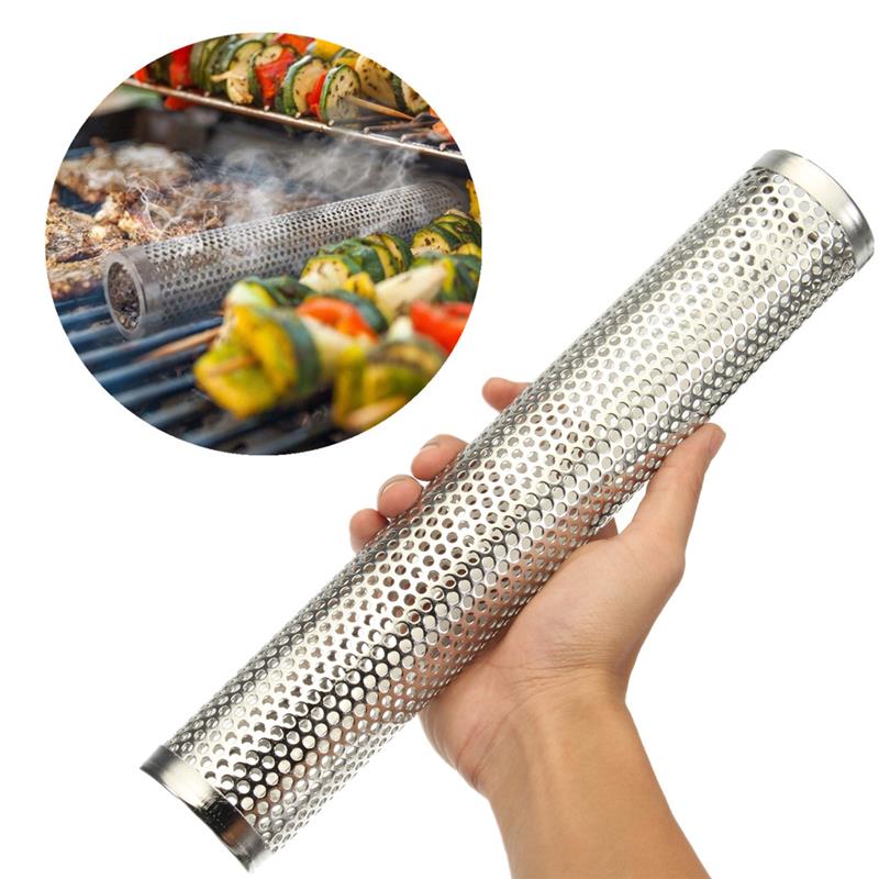 Rund bbq grill koldrøgning mesh rør røggenerator rustfrit stål ryger træpiller køkken udendørs grill forsyninger