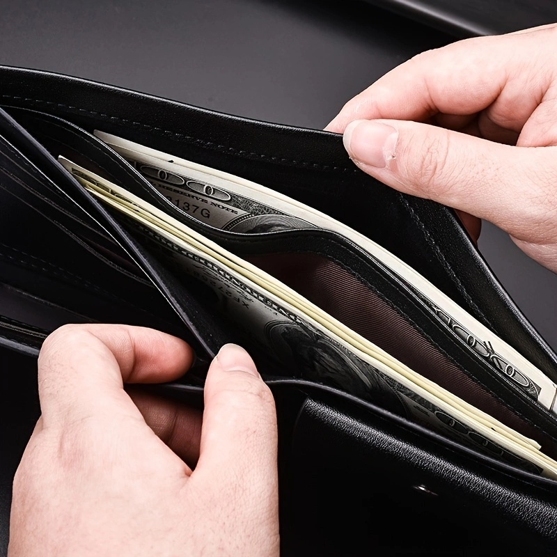 Men's Solid Color Horizontal Short Style Leather Wallet with Multiple Card Slots and A Clear ID Window for Students