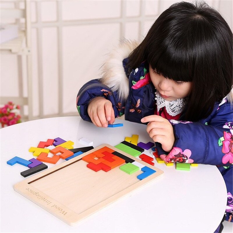 3D Puzzle Wooden Tangram Jigsaw Brain Tetris Game Puzzle Bloacks Preschool Children Play Training Educational Toys