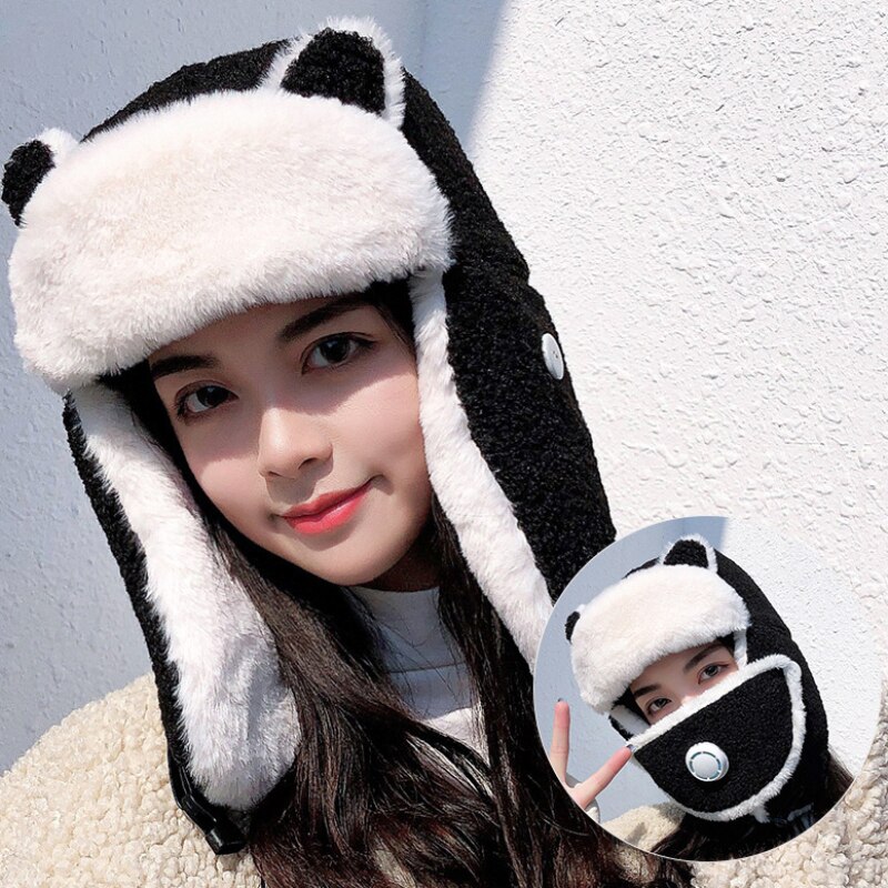 HT3375-gorro ruso de lana de oveja gruesa y cálida con máscara para mujer, gorro de invierno con orejera de esquí, gorra de cazador: Black
