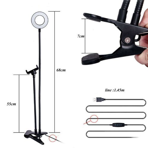 Selfie Flash-Ring Licht + Handy Halter 24 LED Kamera Lange Arm USB Clip Auf USB10-Level Helligkeit