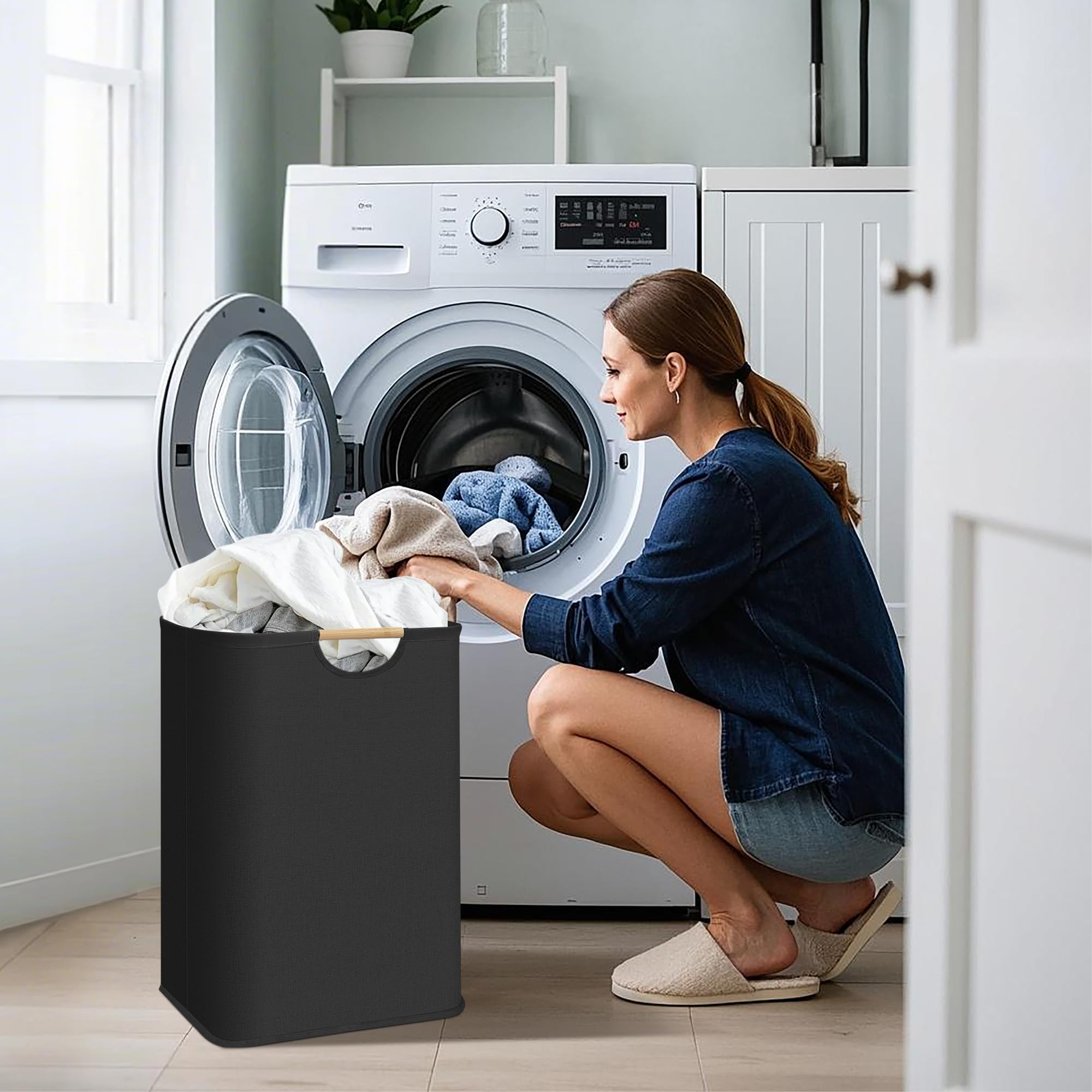 Large Laundry Hamper Collapsible Laundry Basket with Bamboo Handles Freestanding Waterproof Clothes Hamper for Laundry Room