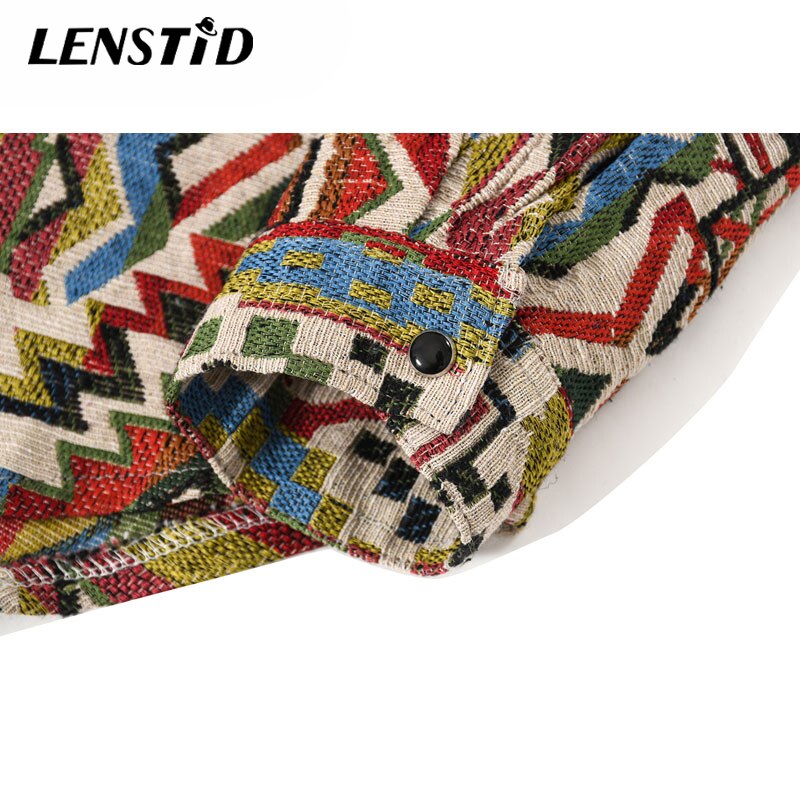 LENSTID Men Hip Hop Long Sleeve Knitted Shirt National Style Geometric Pattern Harajuku Streetwear Vintage Casual Loose Shirts