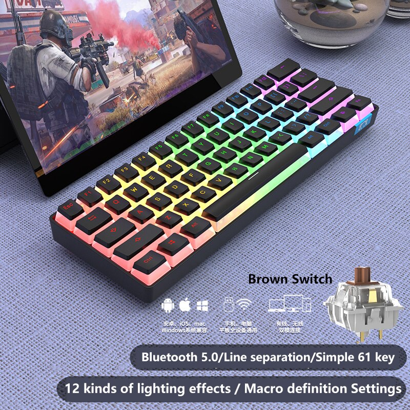 Ajazz STK61 Mechanical Keyboard Wireless Bluetooth 61 Keys Dual Mode Mix Backlit Mini Portable Gaming Keyboard for PC Desktop: Pudding Black Brown