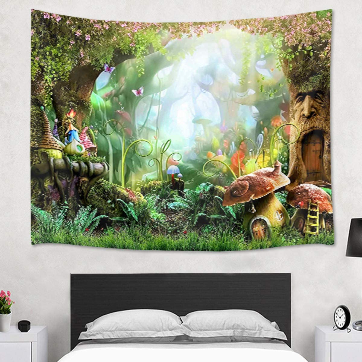 Fairy Tale Forest Tapestry Wall Hanging Magic Mushroom and Trees Wall Tapestry Spring Scenery