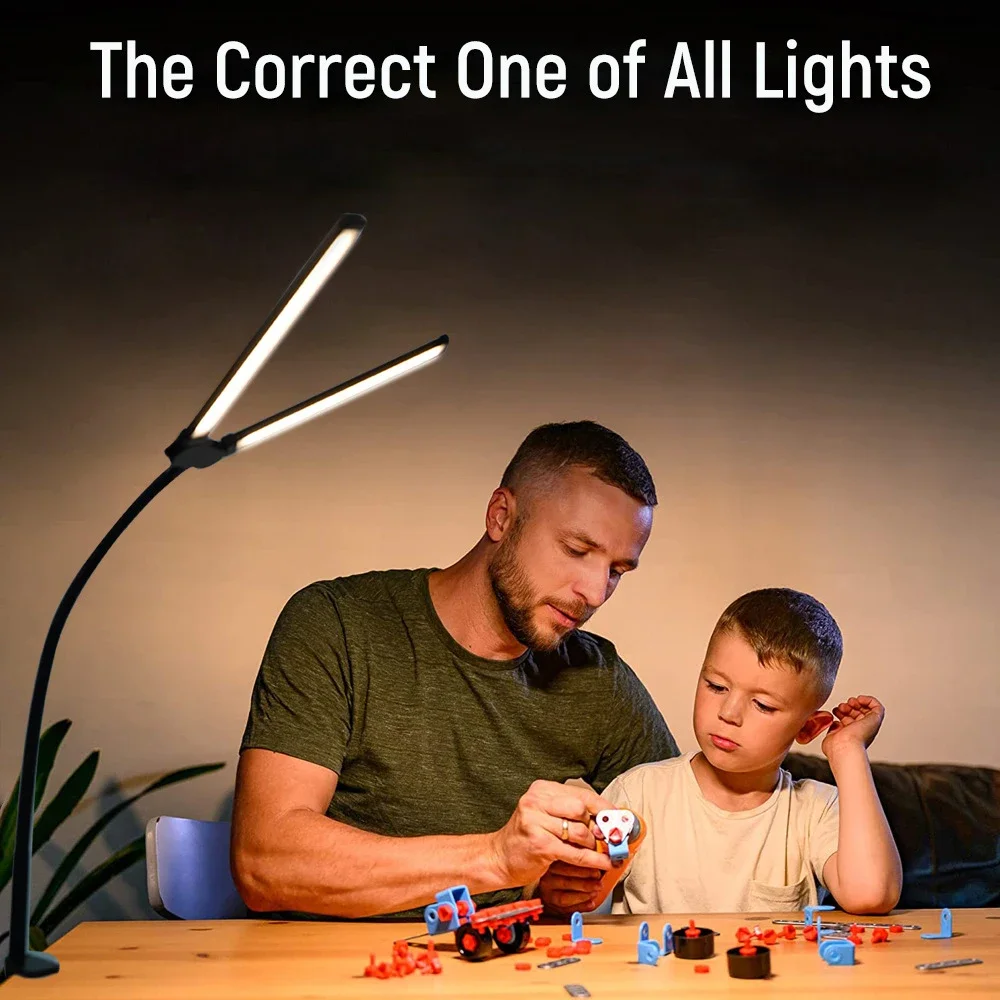 Lampada da scrivania per protezione degli occhi a doppia testa Luce regolabile a 10 livelli Clip LED da 10 W Collo di cigno flessibile Illuminazione per ufficio domestico Luci da scrivania
