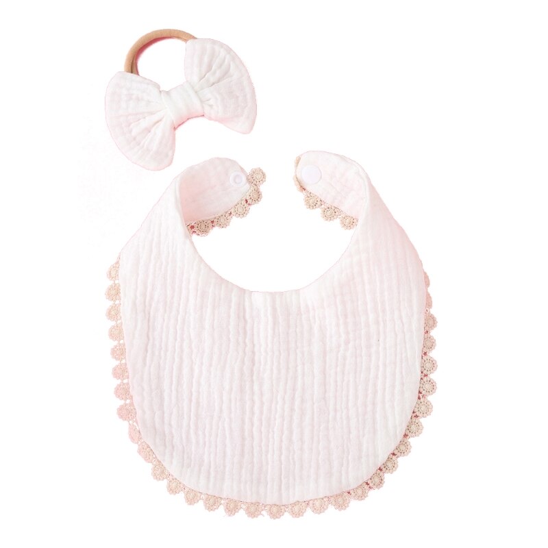 2 Stks/set Baby Meisjes Elastic Bow Hoofdband Speeksel Handdoek Set Prinses Strik Haarband Bib Kit Burp Doek Hoofddeksels Douche: WHITE