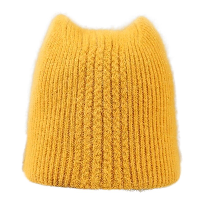 Gorro de lana de imitación con orejas de gatito para mujer, gorro de lana de imitación con orejas de gato, cálido, Color sólido: YELLOW