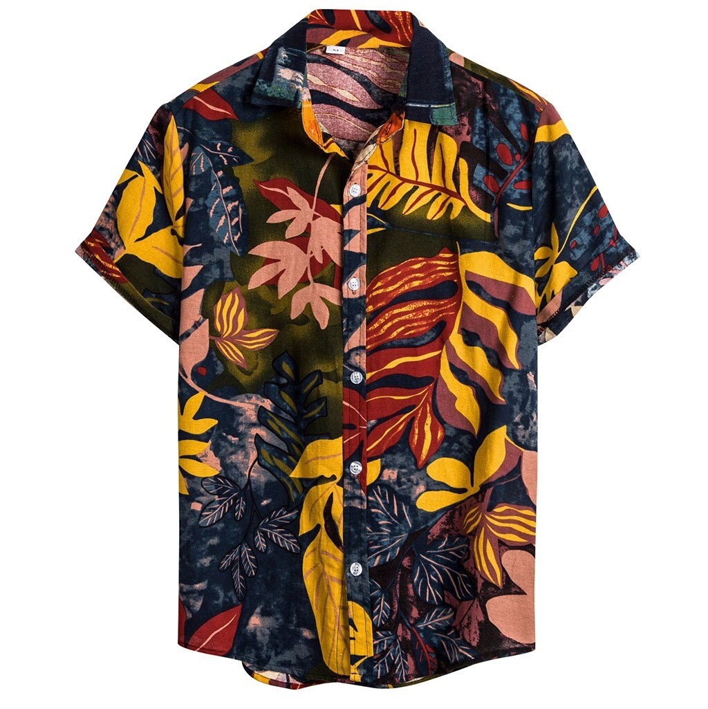 Herre etnisk kortermet tilfeldig bomull lintrykk hawaiisk skjorte bluse herre siste kortermet skjorte: L