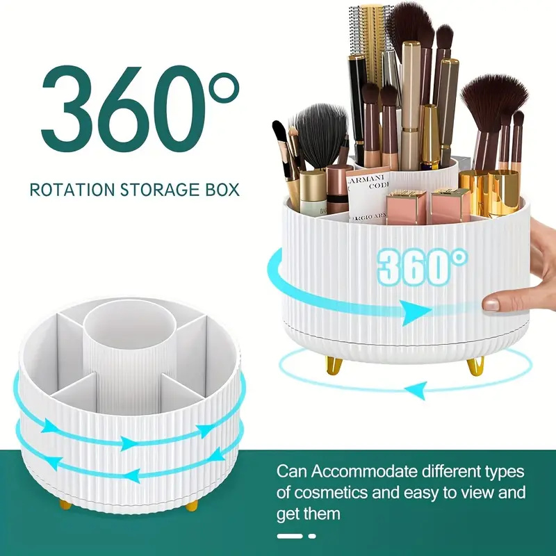 360° Rotating Makeup Organizer Makeup Holder Cosmetic Storage with 5 Compartments Multi-Functional Holder for Brushes Pen