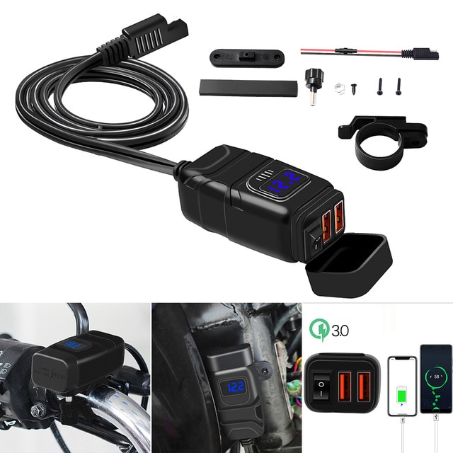 QC3.0 Usb Motorcycle Dual Usb Snellader 12V Voeding Adapter Met Led Voltmeter Op Uit Schakelaar Universele Lading: Blue