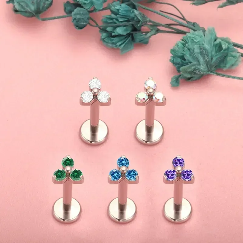 ASTM F136 Titanium Trinity Piercing Zirconia Paved Top Threaded Labret Studs Tragus Earrings Lip Tongue Stud Piercing Jewelry