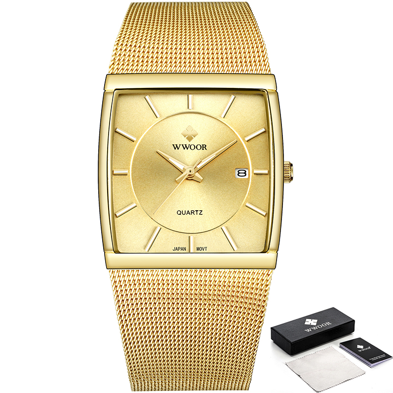 Wwoor top mærke luksus sorte firkantede ure til mænd vandtæt slank dato armbåndsur mandlig stål mesh bælte kvarts analog ur mænd: 31- guld
