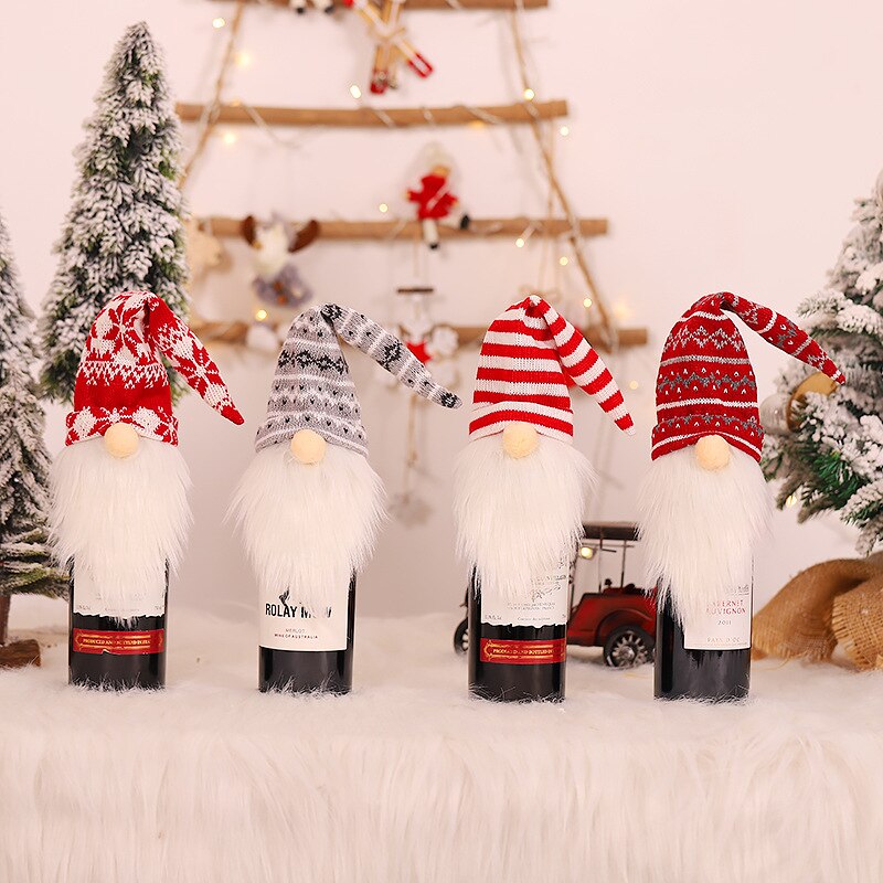 Bolsas navideñas para botellas de vino, envoltura de lana de punto sin rostro de Santa, cubierta de botella de vino tinto de Navidad, envoltura de botella de champán, decoración de Navidad