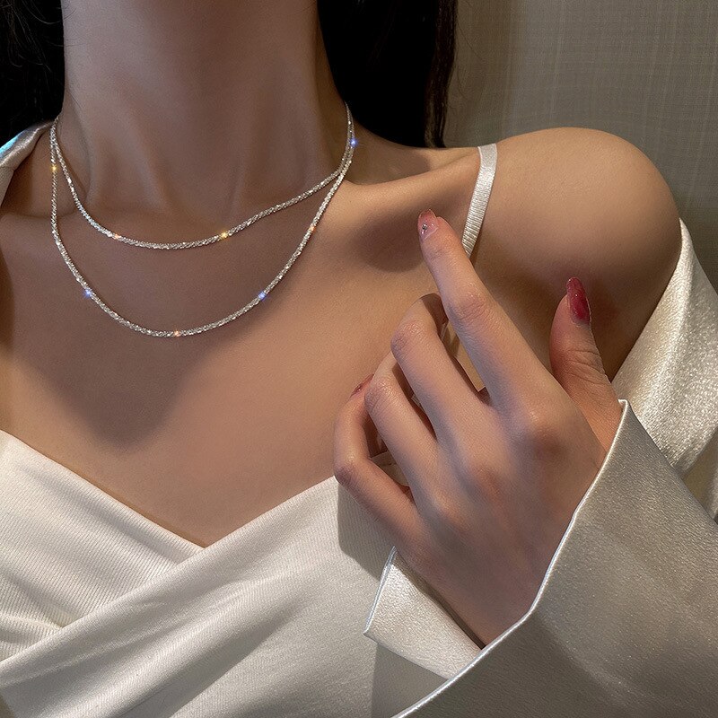 Authentic Italian S925 Sterling Silver Necklace Sparkling Clavicle Chain Sweater Chain High Jewelry For Woman Charm Jewelry