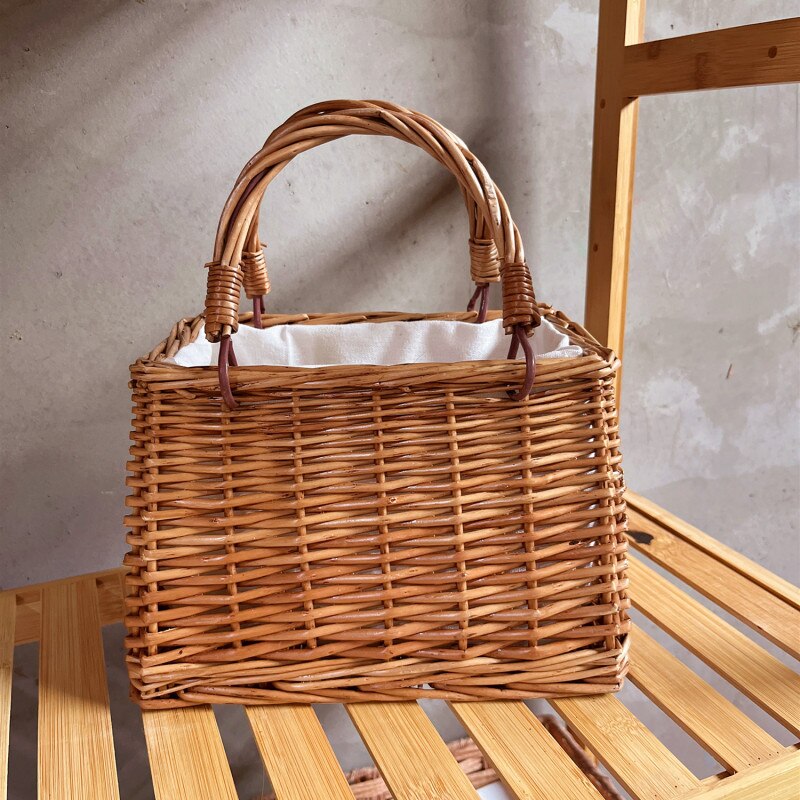 Bolso tejido de mimbre para mujer, organizador de escritorio de ratán, de boda, bolso femenino, cesta con decoración de cinta: Square