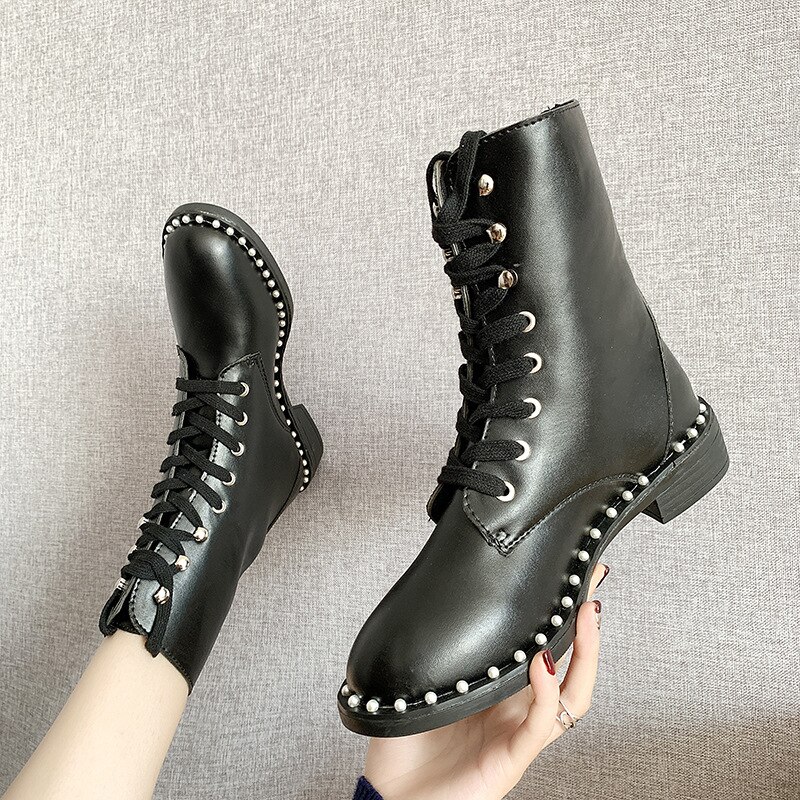 Femmes automne bottes tête ronde Martin bottes concepteur épais fond bloc épais avec des bottes pour femmes dames perle dentelle bottes