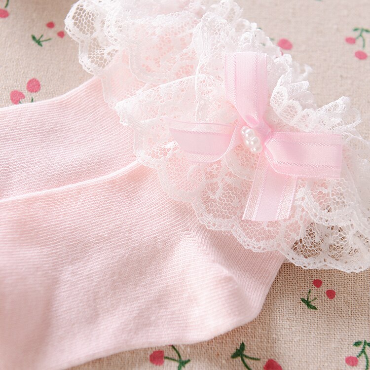 Babymeisjes 3m/6m/9m/12m/24m prinsessen kanten sokken ademend zacht gekamd katoen geplooid dubbele kant parelversiering peutermeisjes