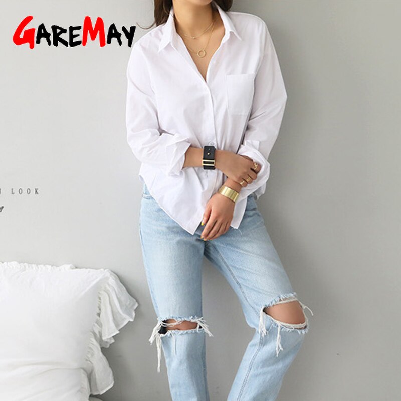 Blusa holgada informal de manga larga para verano y primavera, camisa blanca con un bolsillo para mujer, cuello vuelto