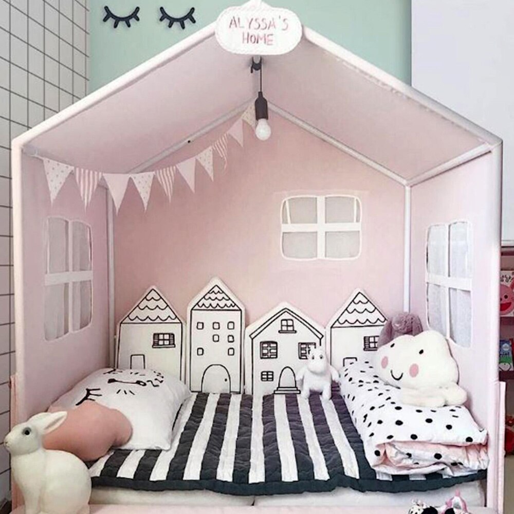 4 stuks Baby Bed Bumper Nordic INS Huisje Patroon Wiegen Protector Baby Katoenen Cradle Bumpers Baby Bed Kamer decoratie