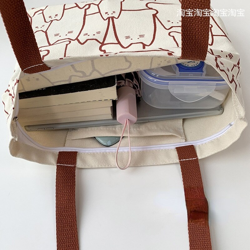 Sac à main en toile de grande capacité pour femmes, fourre-tout avec fermeture éclair, motif chat mignon, petit sac à bandoulière de styliste de Style japonais