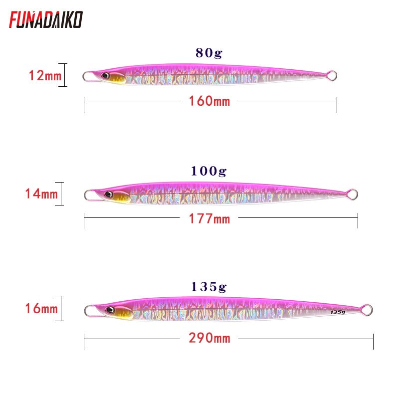Funadaiko jigging lokke 80g 100g 135g jig agn metal jig lokke fiskeri lokke jig langsom jig fiske jig med 5x hjælpe kroge pesca