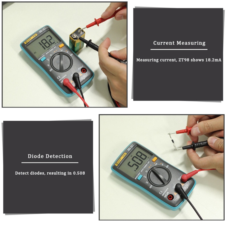 1Pcs ZT Digital Multimeters Portable AC/DC Ammeter Voltmeter Ohm LCD Display Backlight Multimeter Diode and Continuity Test