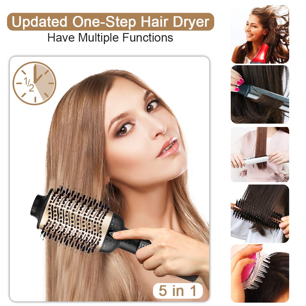 One Step Hair Dryer & Volumizer Straightener Curler Brush Gold Air Brush Negative Ions Rotary Blower Tangle Detangling Comb