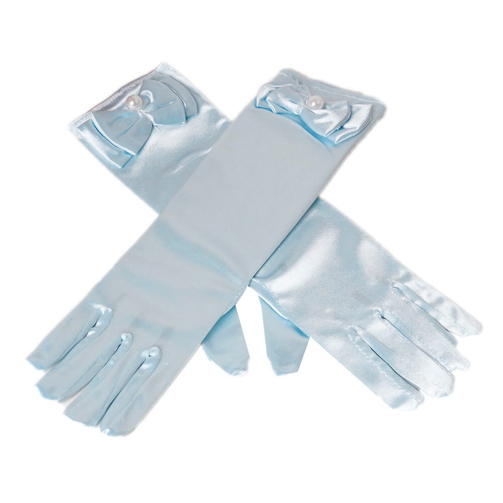 Gants de fête 11 couleurs | Gants longs de princesse pour enfants filles, gants en Satin avec nœud perlé, gants d'anniversaire: LIGHT BLUE