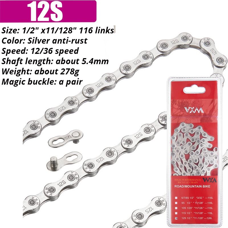 VXM-Cadena de plata antioxidante para bicicleta, eslabón rápido básico de 116L, 6, 7, 8, 9, 10, 11 y 12 velocidades, SHIMANO HG53, HG54, HG601, M6100: 12 Speed
