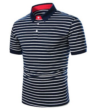 Gestreepte overhemden zomer heren korte mouwen strakke overhemden tops katoenmix revers horizontale strepen overhemden voor mannen volwassenen: Diepblauw / S