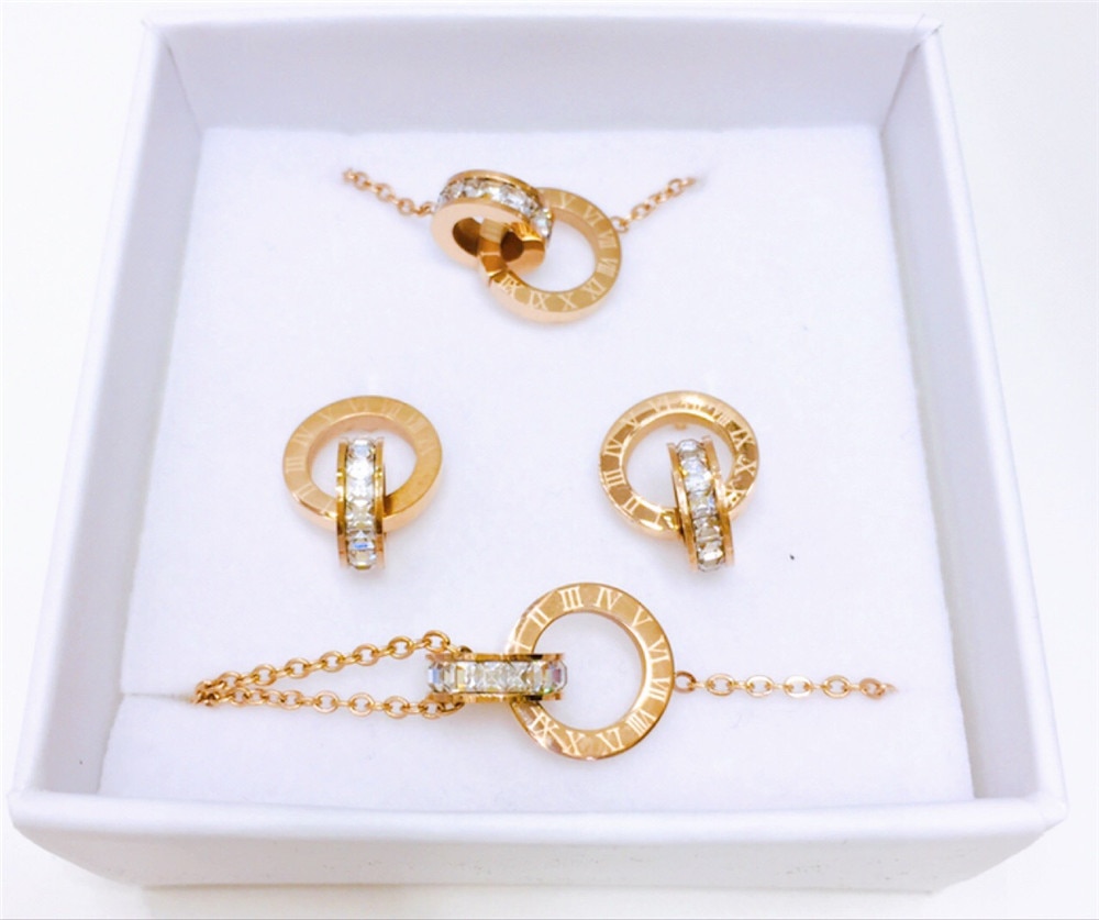 316L Rvs Romeinse Ingelegde Kristallen Lucky Ketting Oorbellen Armband Set Dubbele Ring Ingelegd Zirkoon Sieraden Set