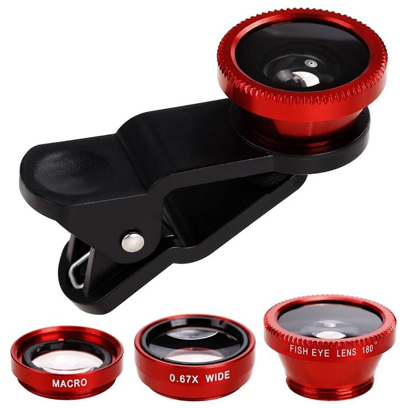 Universal 3 In1 Fisheye Wide Angle Macro Camera Lens Kit Clip On For Mobile Phone Lentes De Ojo De Pez For iPhone/Huawei/Samsung: Red